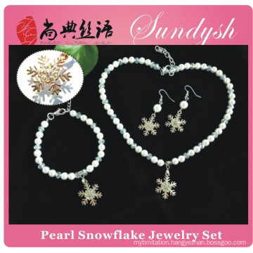 Handmade Snowflake Pendant Necklace Bracelet Earring Pearl Jewelry Set